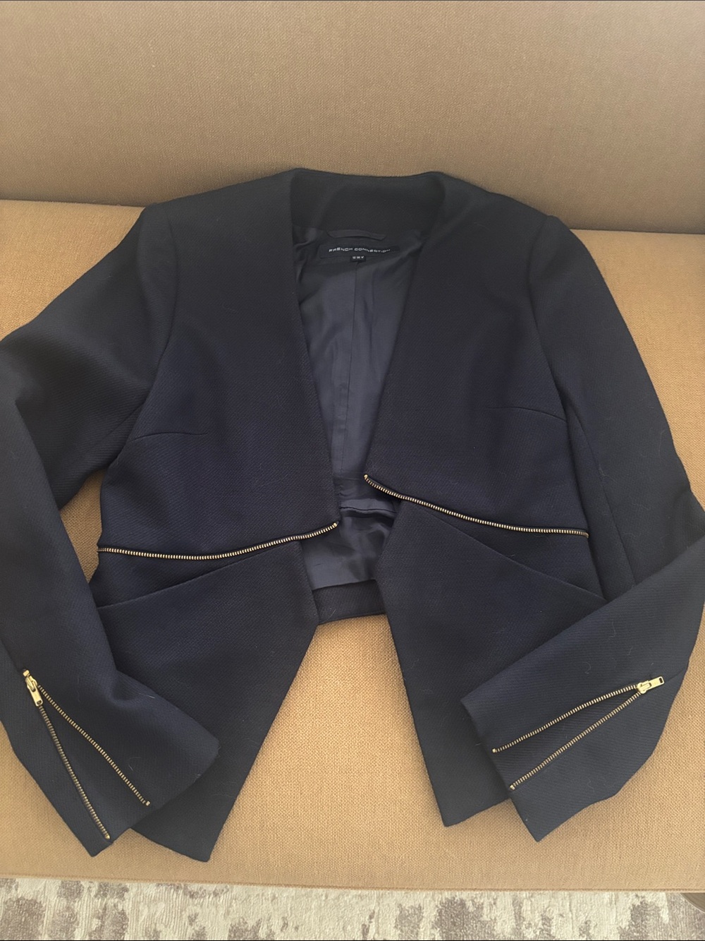French Connection Navy Cropped Blazer with Gold Zips